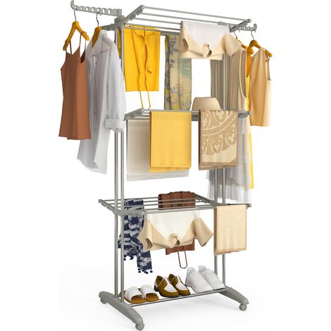 Étendoir à Linge à 4 Niveaux 125x62x173cm Sechoir à Linge Pliable Grande Capacité avec roulettes Ailes latérales Utilisation Intérieure et Extérieure Gris (1/5)
