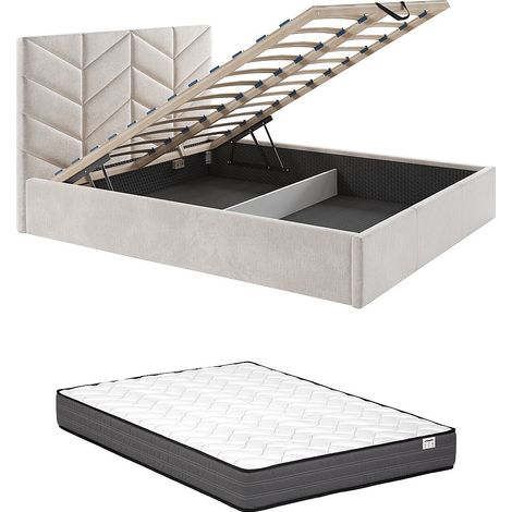 Letto contenitore 200 x 200 cm - Tessuto texturizzato - Crema + Materasso - JUSTANI