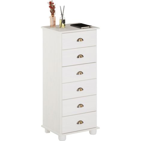 Idimex – Chiffonnier en pin massif blanc – 6 tiroirs – Dimensions 114 x 49 x 39 cm (H x L x P) – Design classique et chaleureux