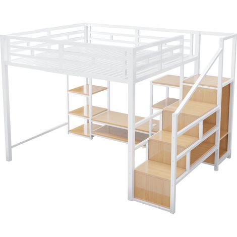 Cama alta 140x200 cm con soporte TV, enchufe y escalera de almacenaje, metal/MDF blanca (1/5)