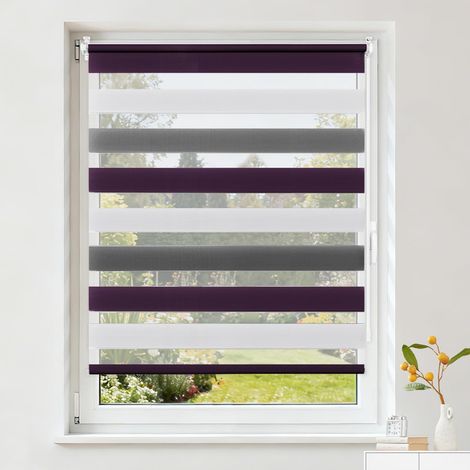 1 Store Jour Nuit Sans Perçage, Tissu Polyester Réglable, Fixation Clips Fenêtre, Blanc Anthracite Aubergine (1/5)