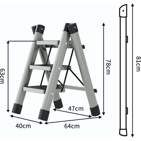 Échelle pliante 3 marches en métal gris, escabeau en A pour maison, échelle à plateforme stable, modèle Asie du Sud-Est, usage domestique, robuste et compacte. (1/5)