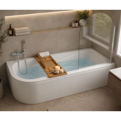 Baignoire d'angle asymétrique droite 160 x 75 cm - blanc - tablier, pieds, vidage chrome, pare - baignoire, plateau bambou - OASIS (1/5)