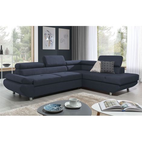 Ecksofa Sofa PANOS Stoff Esito Dunkelblau mit Schlaffunktion Ottomane Rechts (1/4)