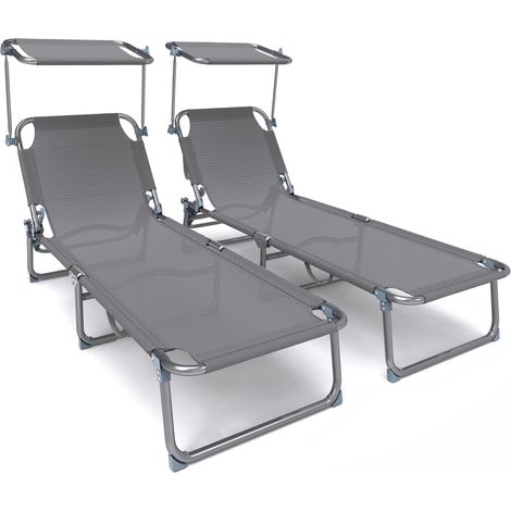 VOUNOT® 2er Set Sonnenliege Klappbar, Gartenliege Strandliege mit Sonnenschutz und Verstellbarer Rückenlehne, Grau