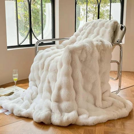 Couverture en fausse fourrure de lapin luxueuse et moelleuse, réversible, chaude et confortable, idéale pour le lit, le canapé et la décoration intérieure (Crème, 150 x 200 cm)