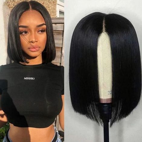 Perruque Bob Court Lisse avec Frange Dentelle, Perruque Frontale Dentelle Droite pour Femme, Cheveux Naturels, Coupe Carrée, Usage Quotidien (1/5)