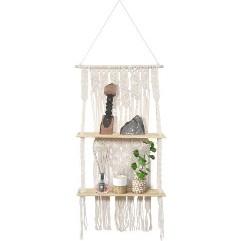 Bohemian Double Tier Macrame Wooden Wall Shelf Design, Indoor Plant Floating Rope Hanging Shelf, Decorative Storage for Bathroom Kitchen Bedroom Living Room Office (1/5)