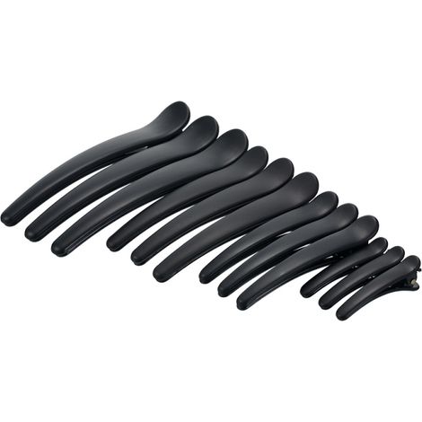 Juego de 12 pinzas negras para el cabello, ideales para peinar, separar secciones y cortar el cabello. Pinzas de plástico profesionales para salones de belleza. (1/5)