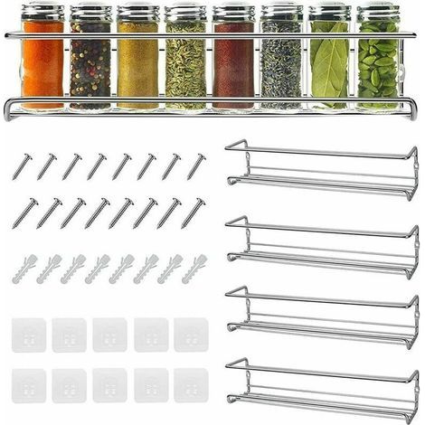 Étagère à Épices Mural Métal Lot de 4 opour, range epices Cuisine Auto-adhésif Sans Percage, Porte Epice Idéal pour Le Placard, Murale, Frigo, Rangement Epices, 29x6x6.5cm, Argent (1/4)
