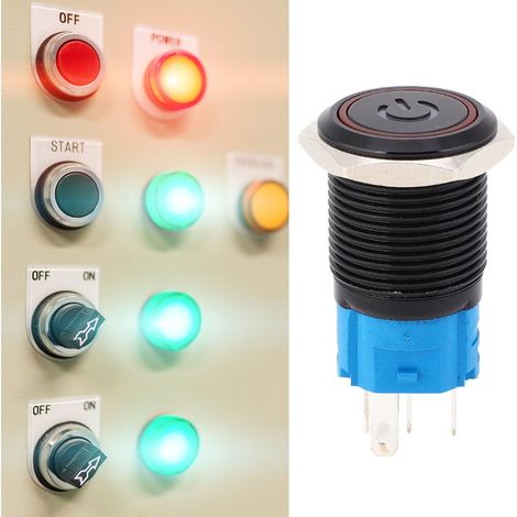 2 interrupteurs métalliques autobloquants noirs, protection IP65, avec voyant LED et symbole, 16 mm (rouge 220 V CA) (1/5)