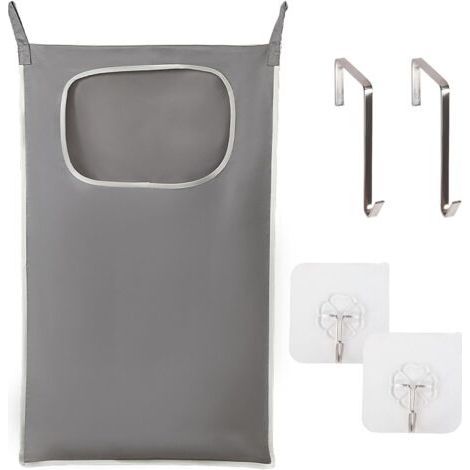 (80 x 49 cm) Gray Hanging Laundry Basket with Stainless Steel Adhesive Hooks for Bathroom Door (1/5)