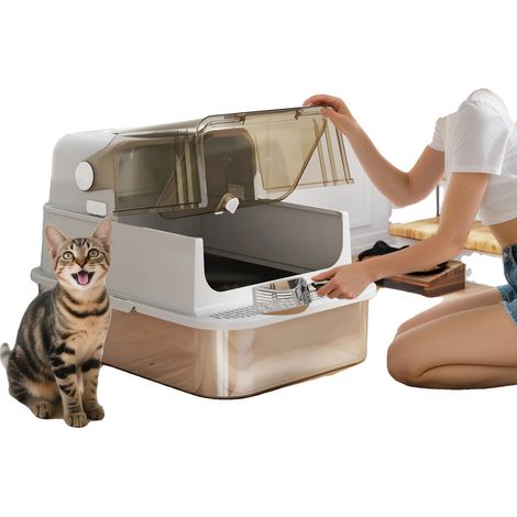 Arenero para gatos, acero inoxidable 201, 70 cm x 50 cm x 46,5 cm, apto para gatos de hasta 15 kg, tapa abatible, sistema de doble puerta. (1/5)