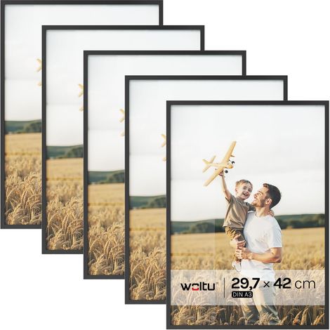 WOLTU Marco de aluminio con 5 paspartú de 29,7 x 42 cm (tamaño A3) para impresiones fotográficas y pósteres, montaje en pared, negro