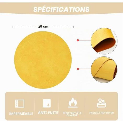 Set De Table Rond - Cuir PU Double Face - Lavable - 38 Cm - Jaune - Lot De 6 (1/5)