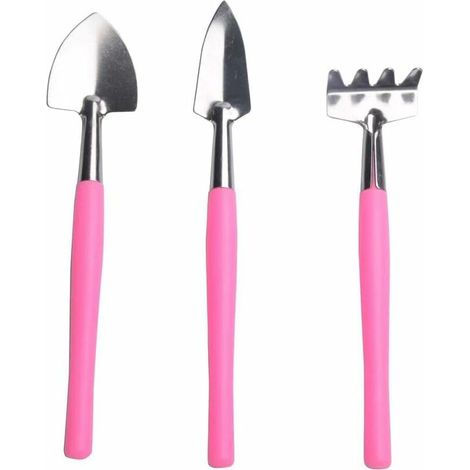 Lot de 3 mini outils de jardin - Mini pelle, rateau, pelle à bonsaï - Poignée - Tête de plante pour fleurs en pot - Métal et bois (1/5)