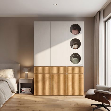 Armoire chambre 135x50x200 cm, avec 6 portes et 2 tiroirs, Grand meuble de rangement moderne, en MDF, Gris et Naturel (1/5)