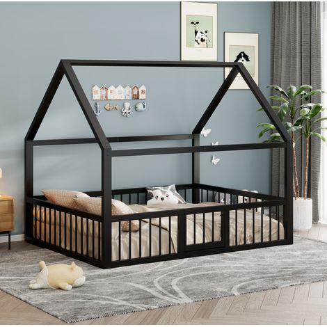 Cama infantil 140x200 cm negra de metal con estructura tipo casita y barandillas (1/5)