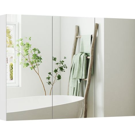Badezimmer-Wandschrank mit Spiegel, 3 Türen, verstellbare Einlegeböden, 91,5 x 11,5 x 65 cm, weiß