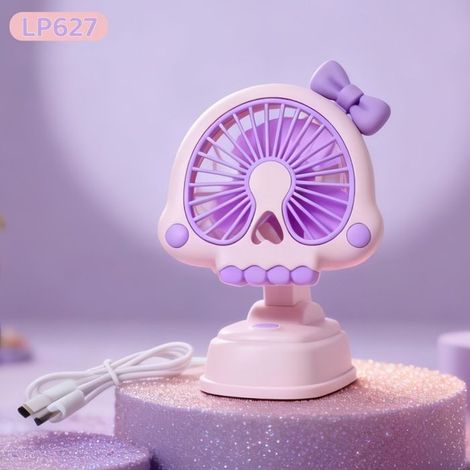 Mini ventilatore da tavolo rosa e viola con tre velocità.