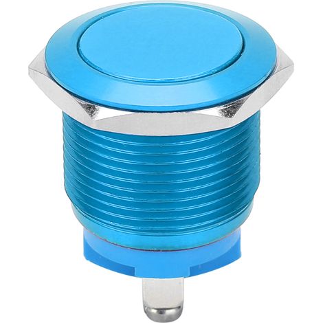 Bouton poussoir métallique 19mm bleu, interrupteur plat auto-réinitialisation oxydation totale, commande par vis à pied, alimentation électrique. (1/5)