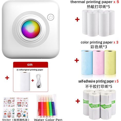 Imprimante thermique sans encre, imprimante d'étiquettes portable sans fil avec 14 rouleaux de papier d'impression, stylo aquarelle et autocollants. (1/5)