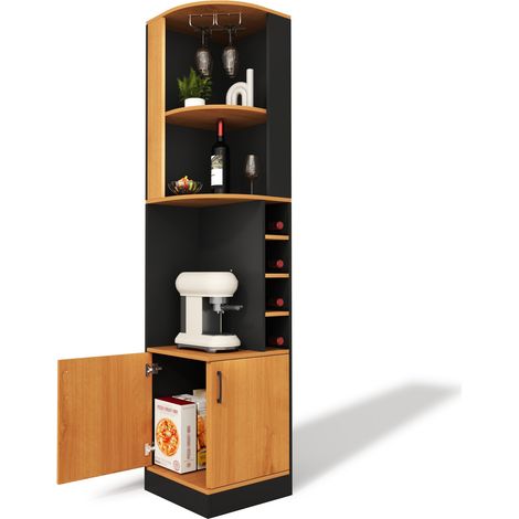 Armoire à vin d'angle 40x40x182cm, meuble bar avec porte-verres, meuble de rangement d'angle haut en MDF noir (1/5)