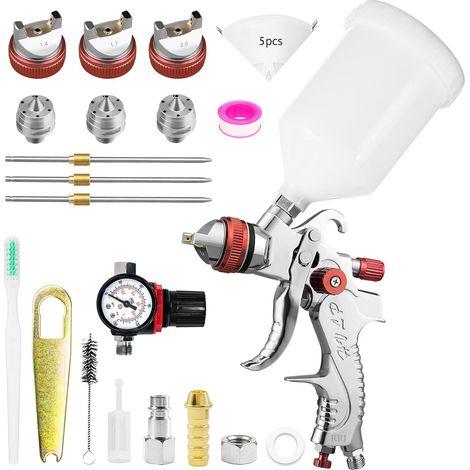 HVLP Pistolet à Peinture avec 3 Buses 1,4/1,7/2,0mm Coupelle 600cc Alimentation par Gravité kit de pulvérisation, HVLP Meubles de Voiture Pistolet de réparation (Rouge) (1/5)