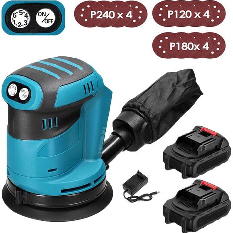 Levigatrici orbitali e rotorbitali,Levigatrice palmare senza fili e senza spazzole da 5", con sacchetto antipolvere, 12 dischi + batteria da 2x 3,0 A+ caricabatterie , compatibile con batteria Makita