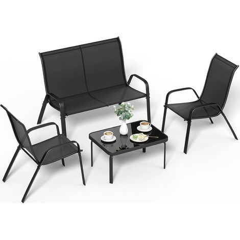 Salon de Jardin Extérieur 4 Pièces,Ensemble de Mobilier de Terrasse,Canapé 2 Places,2 Fauteuils,1 Table Basse,Noir