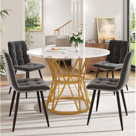 CHICFURN Conjunto de mesa redonda y 4 sillas 100 cm MDF efecto mármol gris y dorado (1/5)