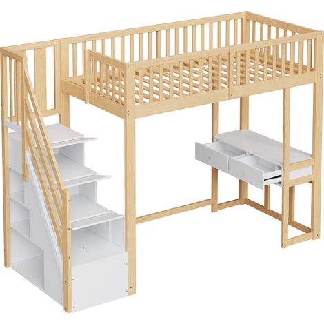 Cama alta 90 x 200 con mesa multifunción y escalera con almacenaje de madera de pino blanca (1/5)