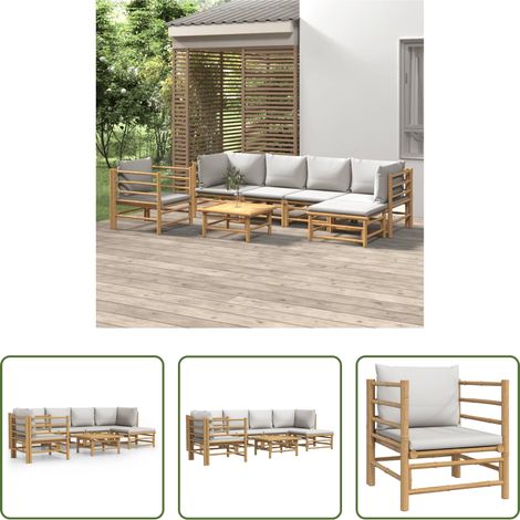 Bambusmöbel - 7-tlg. Garten-Lounge-Set mit Hellgrauen Kissen Bambus (1/5)
