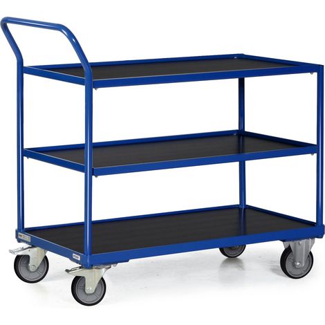 Bako Logistiksysteme Tischwagen F300 mit Bordkante 3 Ladeflächen und schräg abgewinkeltem Schiebegriff 850x500mm