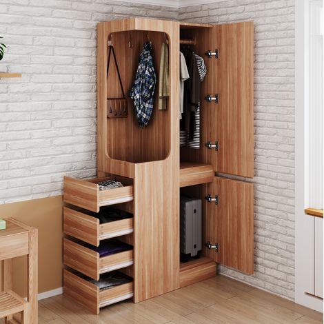 Armadio con 4 cassetti e vani portaoggetti, spazio armadio aperto, un'anta, in legno, naturale (1/5)