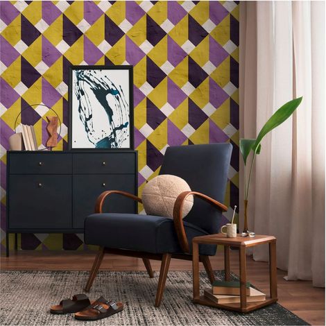 Photo wallpaper Profhome 398491 hot embossed non-woven wallpaper smooth retro style matt violet yellow white 1.59 m x 2.8 m (1/4)