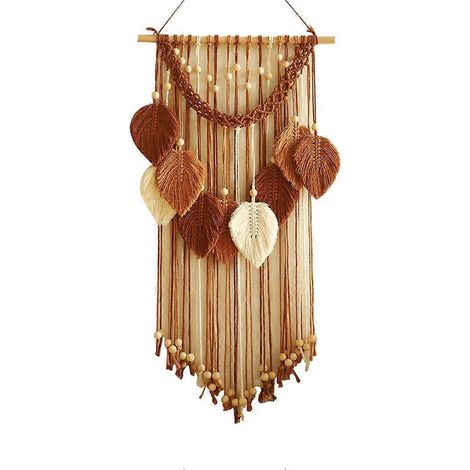 Handgewebter Wandteppich im Bohème-Stil aus Makramee und Holzperlen, mehrfarbiges Blattmuster, nordischer Stil, Heimdekoration, Muttertag. (1/5)