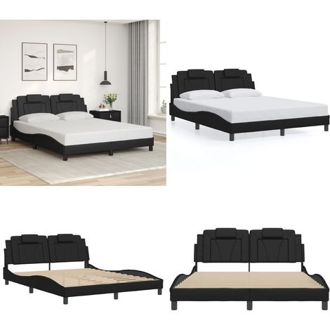 Bettgestell mit Kopfteil Schwarz 160x200 cm Kunstleder - Bettsystem - Doppelbett - Boxspringbetten - Schlafzimmermöbel - Schwarzes Bett - Home & Living (1/5)