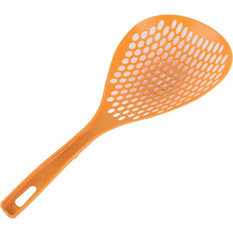 Écumoire de grande taille en plastique résistant à la chaleur, avec un long manche et de larges fentes, idéale pour les nouilles et les raviolis. (1/5)