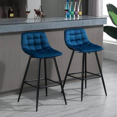 Lot de 2 tabourets hauts de style nordique avec dossier et repose-pieds. Tabourets de cuisine avec revêtement en tissu effet velours et dossier en métal. 45 x 47 x 88 cm. Bleu