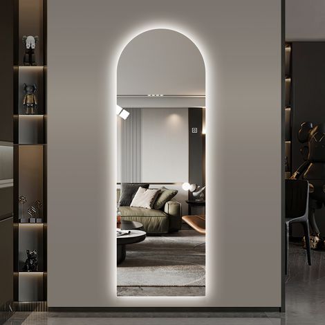 Miroir LED pleine longueur 150x50cm forme arche rétroéclairé mural, contrôle tactile 3 températures fonction mémoire, miroir dressing cadre fin noir