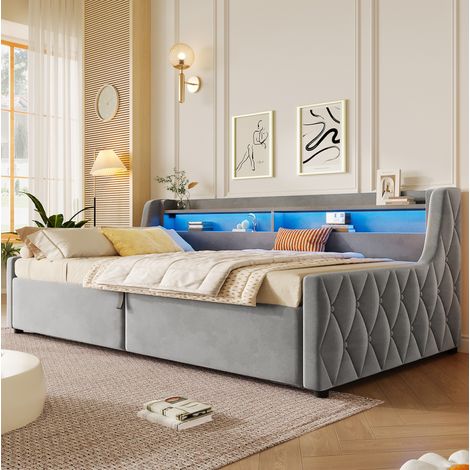 MEUBLIV Cama 90x200 cm gris – almacenaje hidráulico, LED y cabecero, sin colchón (1/5)
