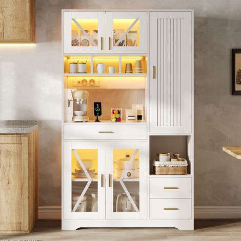 Mueble alto de cocina estilo granero, 105 x 40 x 185 cm, MDF blanco, LED y enchufes (1/5)