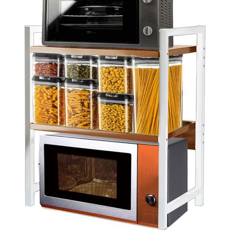 Étagère à micro-ondes en acier, étagère de cuisine avec étagère à épices, unité d'étagères à 2 compartiments avec pieds antidérapants, design moderne (beige + blanc) (1/5)