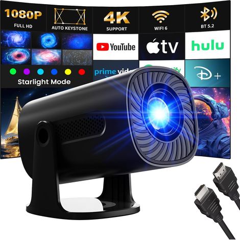 Vidéoprojecteur Supporte 4K 1080P avec Modes Étoiles Mini Projecteur avec WiFi6 y BT5.2 Auto Keystone, Compatible Con HDMI/TV Stick/USB, Noir (1/5)