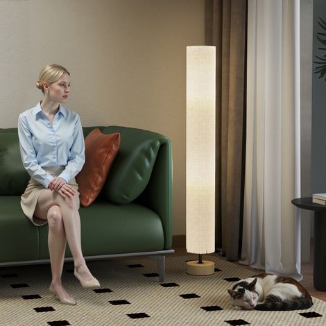 Lampadaire sur pied gris salon Ø15x120 cm, douille E27 max 40W, abat‑jour lin, structure métallique (1/5)