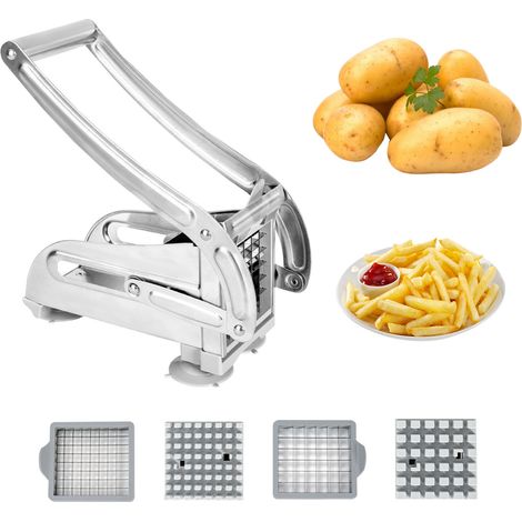 Potato Chipper Cutter Slicer, Potato Fry Cutter, Stainless Steel Potato Cutter, Potato Slicer, Includes 2 Blade Size Cutter Options and No-Slip Suction Base, Perfect for use with Air Fryer
