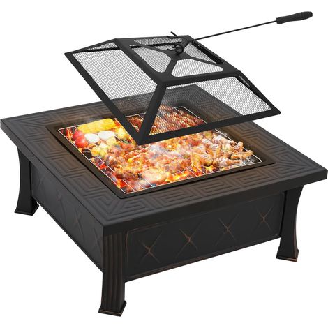 TLGREEN Feuerschale mit Grillrost und Funkenschutz, 3 in 1 Feuerstelle Outdoor Quadratisch mit Abdeckung, Feuerschalen für den Garten, BBQ, Camping, Feuerkorb für Terrasse Heizung, 81x81x51cm (1/5)