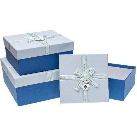 Geschenkbox mit Schleife, 3 blaue Rosetten