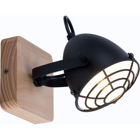 Applique salon applique murale salle à manger lampe industrielle, métal noir bois aspect grille naturelle, spot mobile E14, H 20,5 cm (1/5)